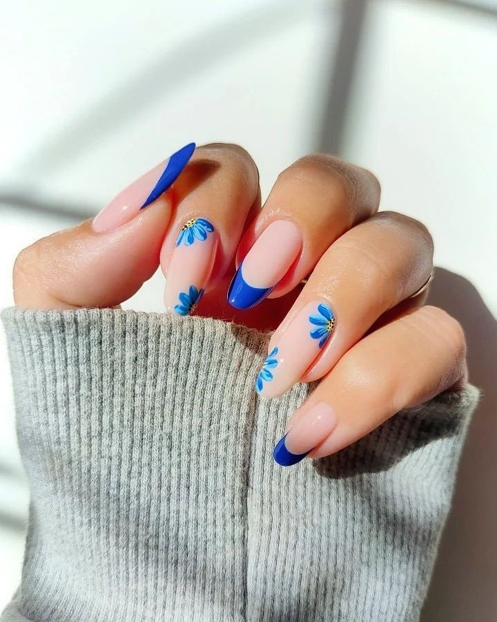 Blue French Manicure and Flower Nails