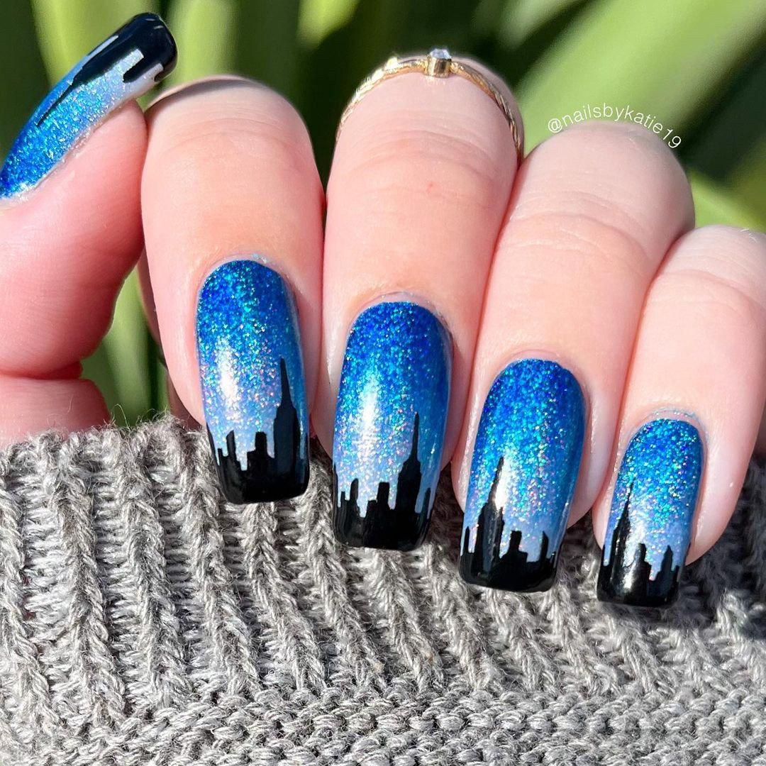 Glitter Blue Gradient Nails