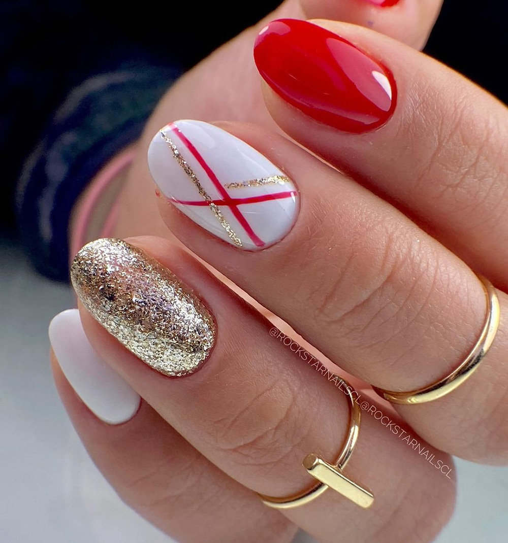 Red, White and Gold Foil Short Nail Designs - SOSO Nail Art