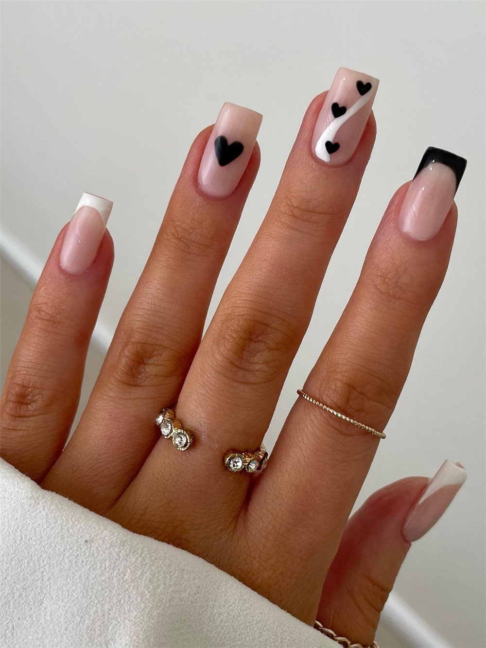 Elegant White and Black Valentine Nails