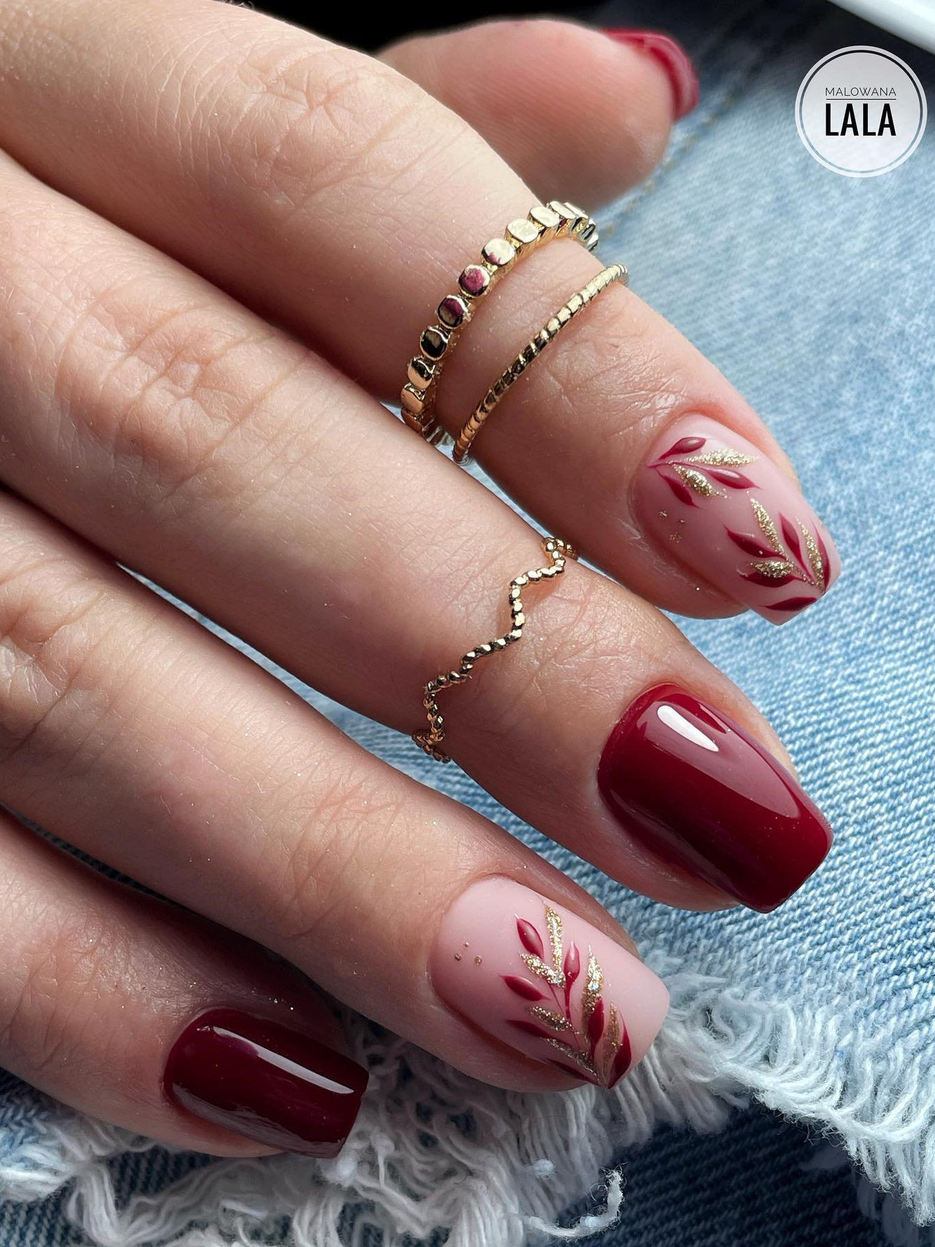 Burgundy Nail Art with Leaves Design