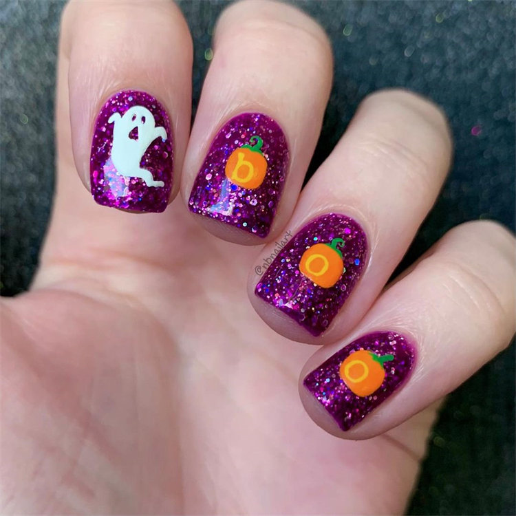 Glitter Purple Nail Design For Halloween