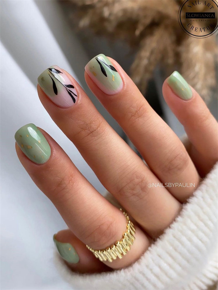 Green Nail Art and Leaf Nail Design