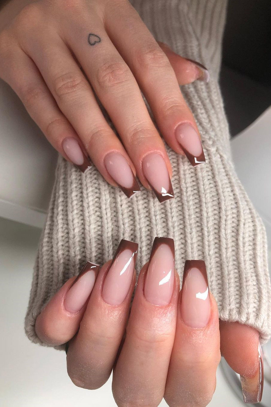 Coffin Maroon French Tip Nails