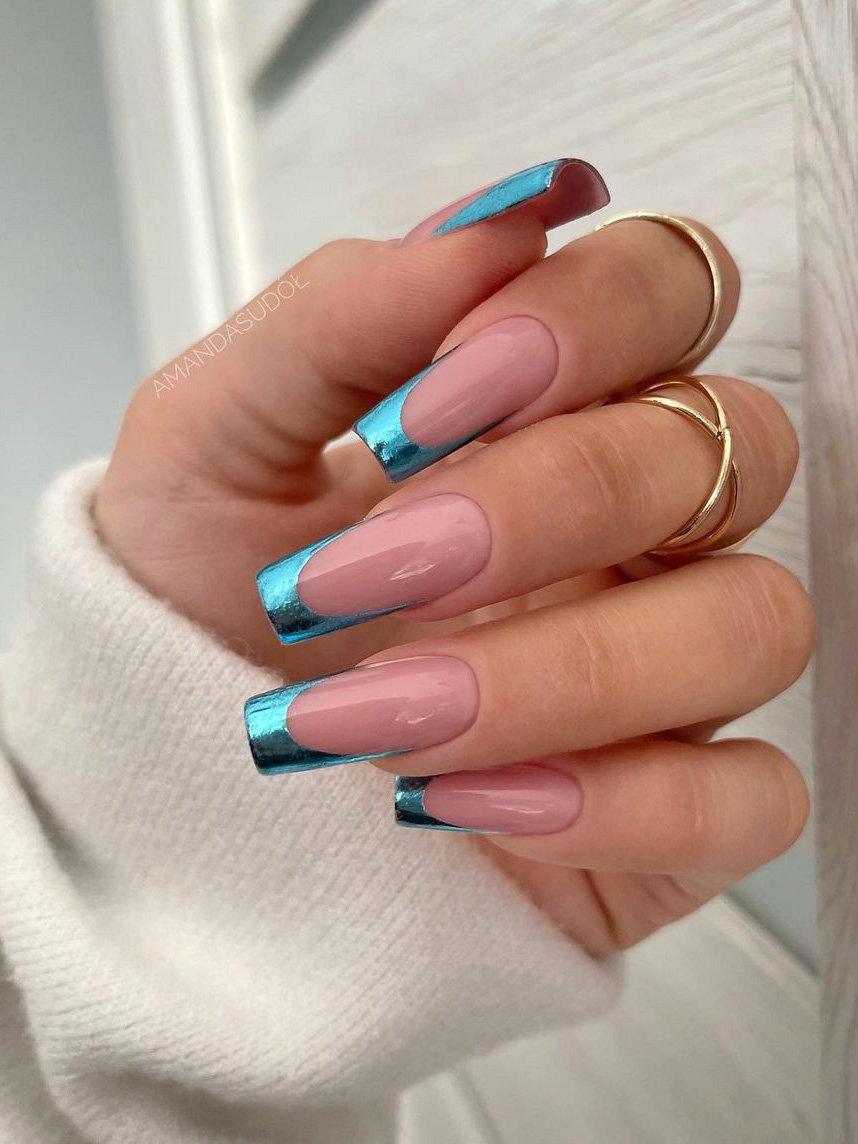 Chrome Blue French Nails