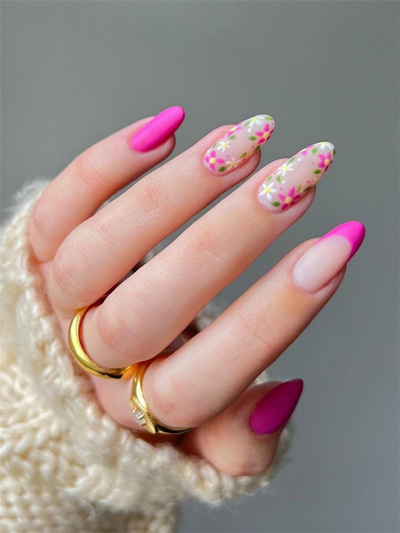 Matte Pink Nails with Cute Flowers