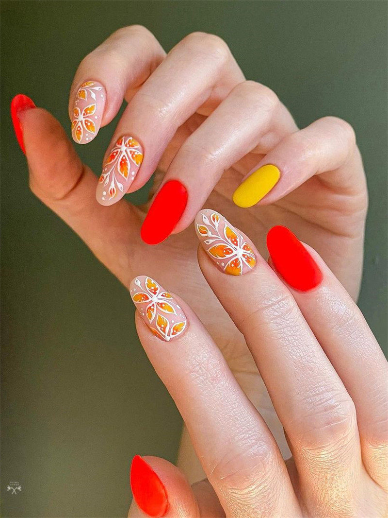 Matte Orange Flower Nail Designs