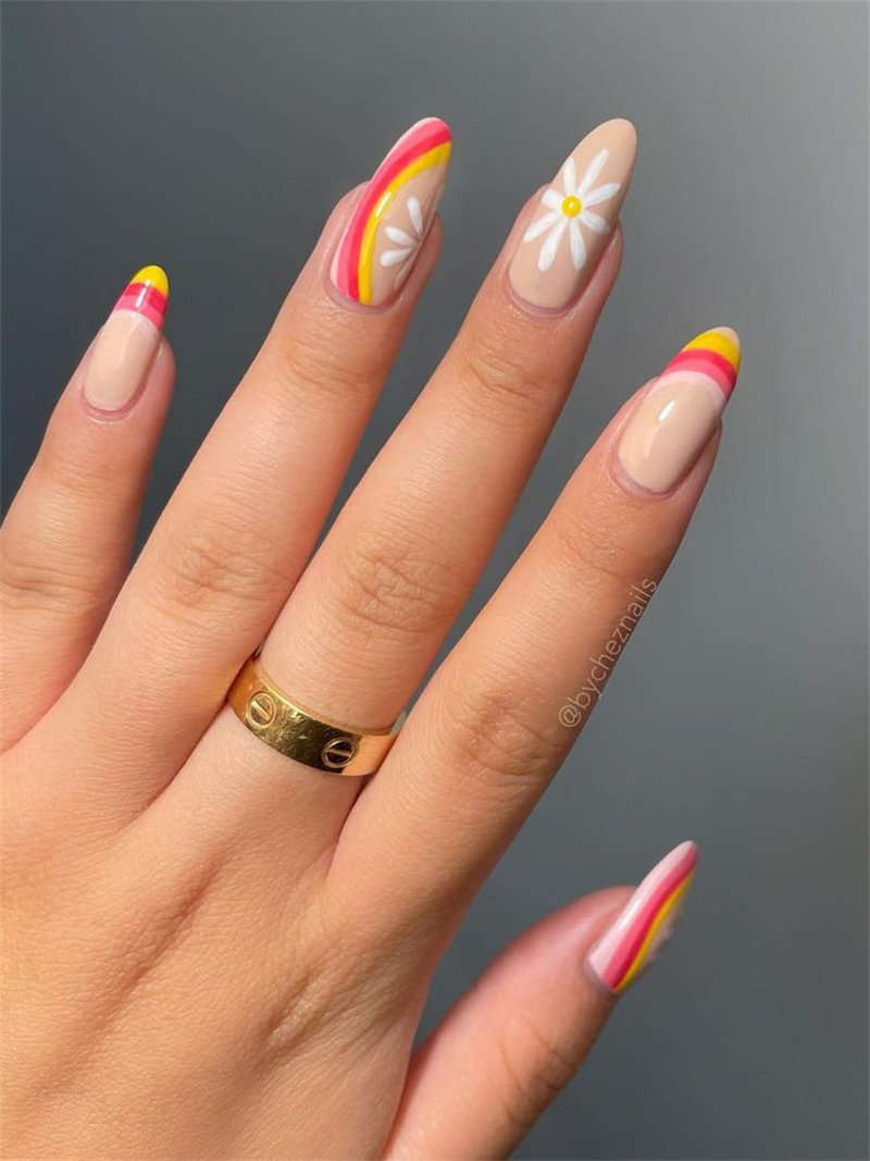 Red and Yellow Nails with Cute Daisy