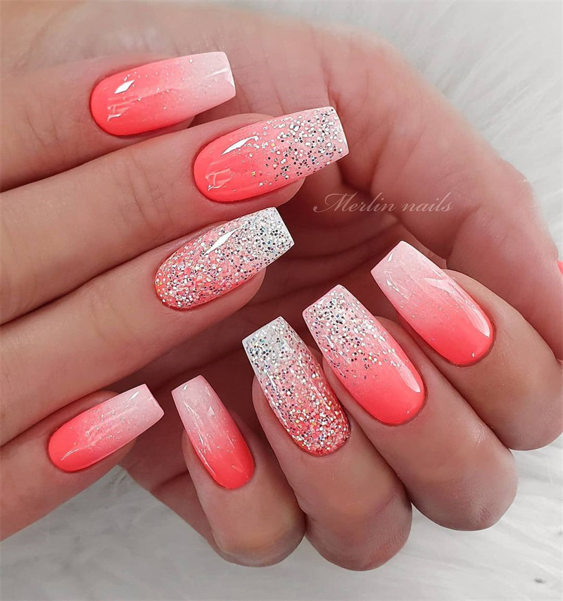 White and Pink Ombre Coffin Nails