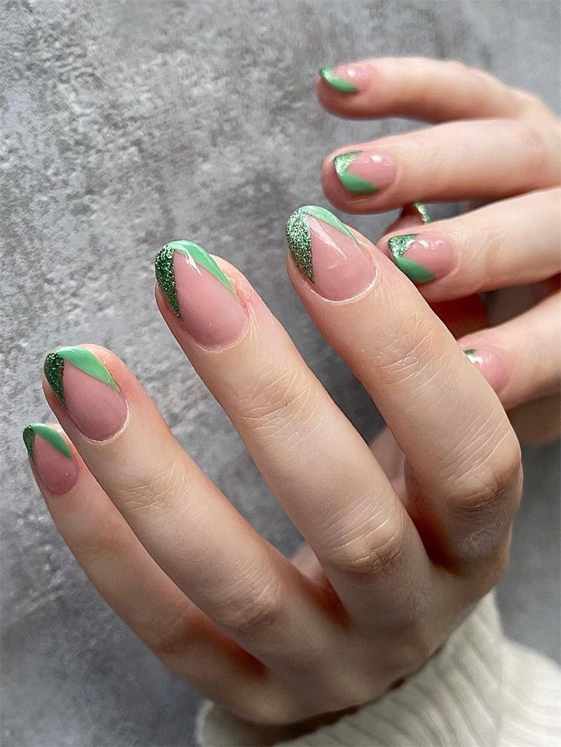 Glitter Green French Tip Nails Idea