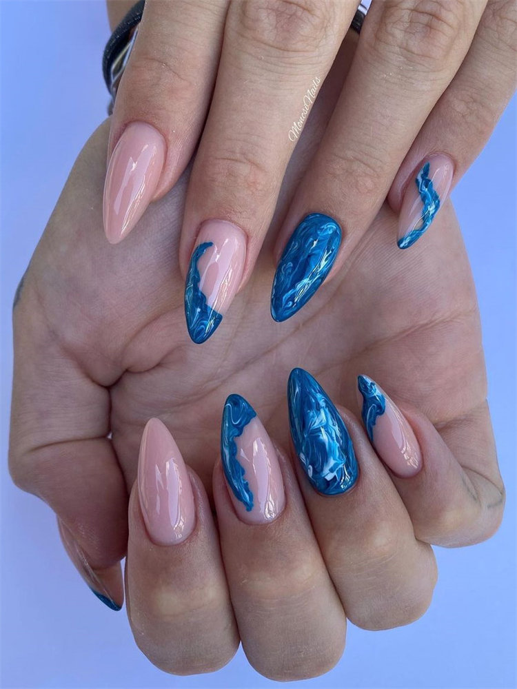 Glitter Blue Stiletto Nails Idea