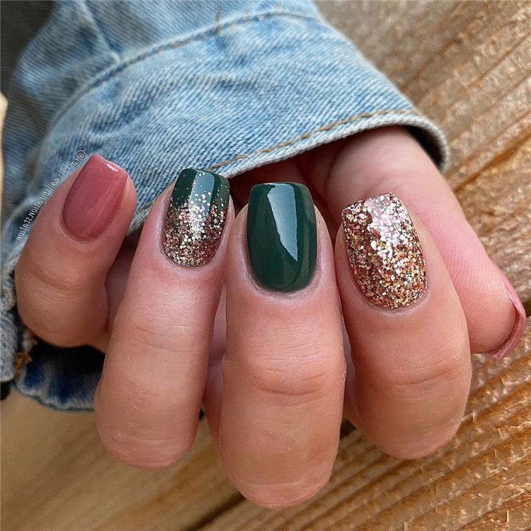 Dark Green with Gold Glitter Nails Idea
