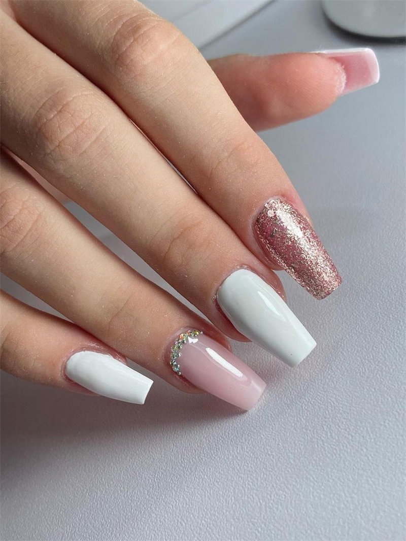 White Long Coffin Nails Design for Wedding