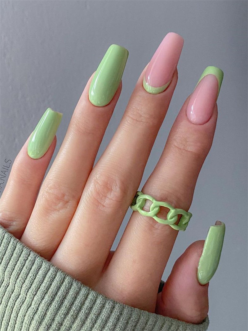 Green and Nude Nail Design Idea
