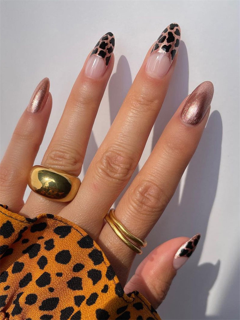 Coppery Glitter Leopard French Nail Design
