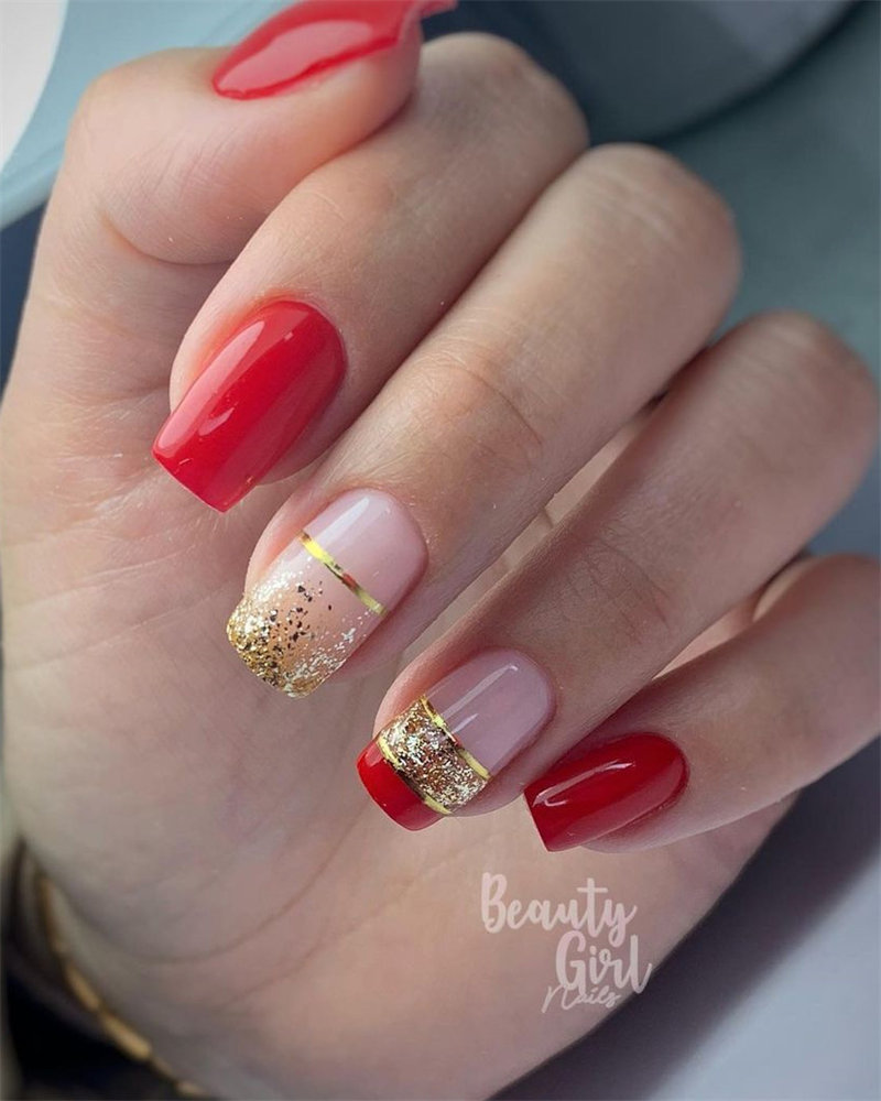 Red and Gold Glitter Nail Design