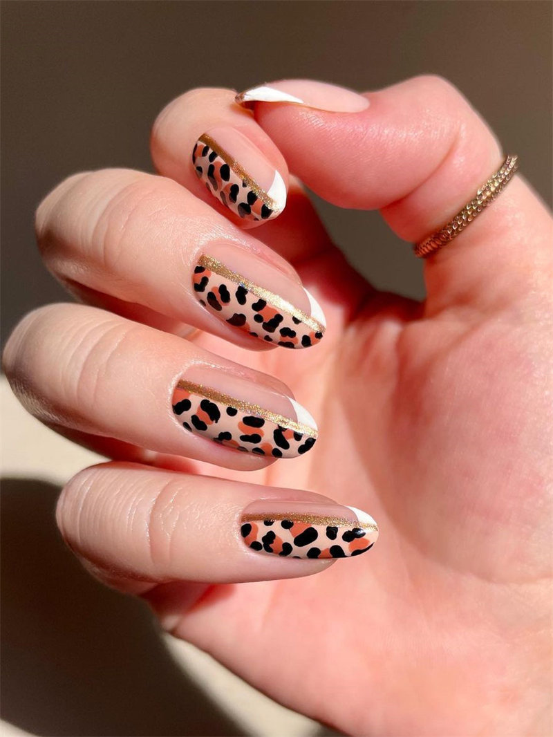 Pretty French Manicure with Leopard Print Design