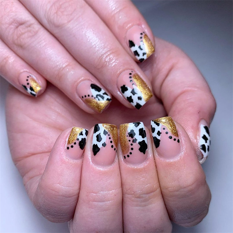 Gold and Cow Print Mix Nail Design
