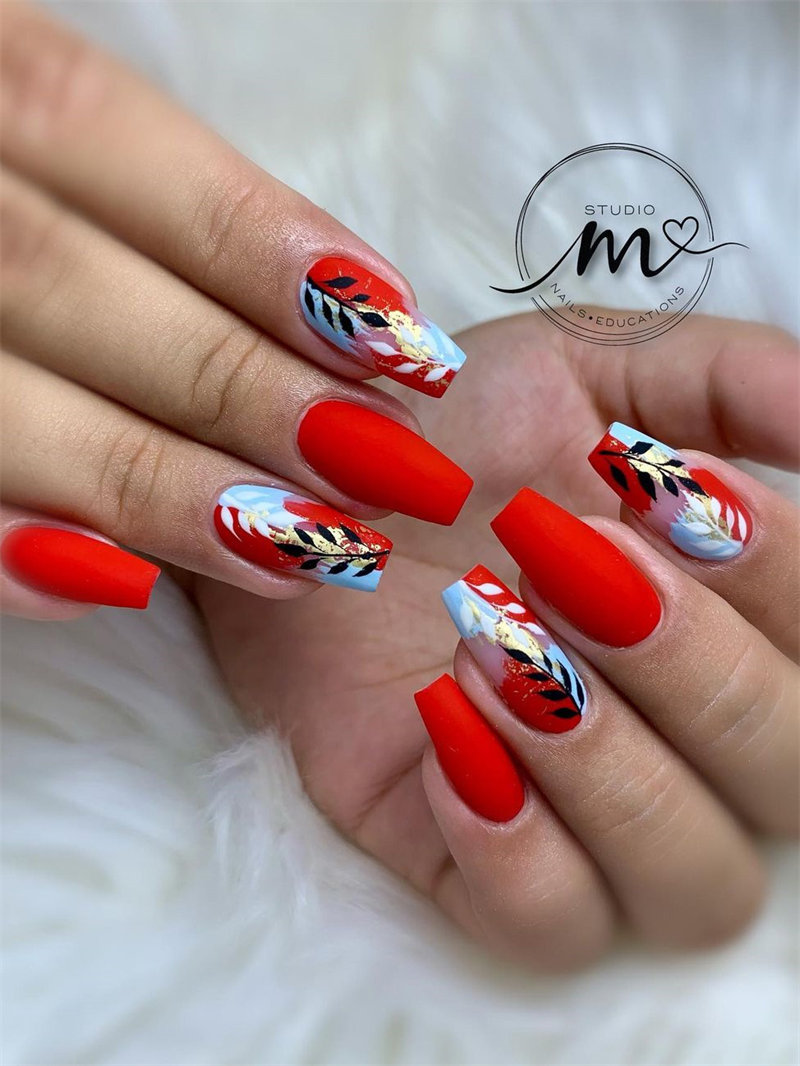 Matte Red and Leaf Nail Design