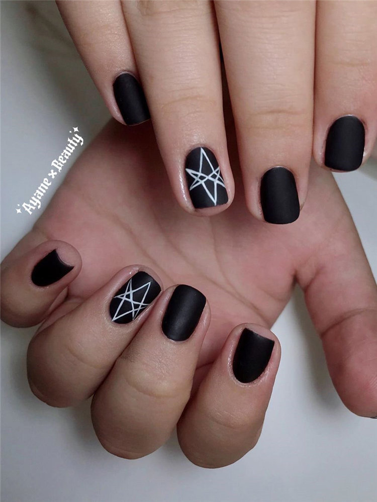 Matte Black Nails with White Lines