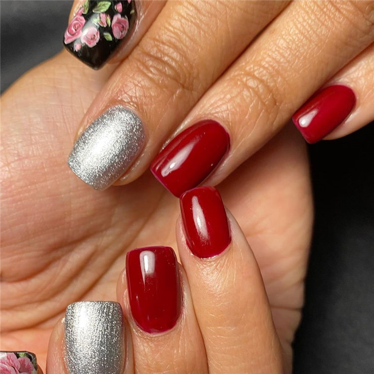 Burgundy and Silver Nails Design
