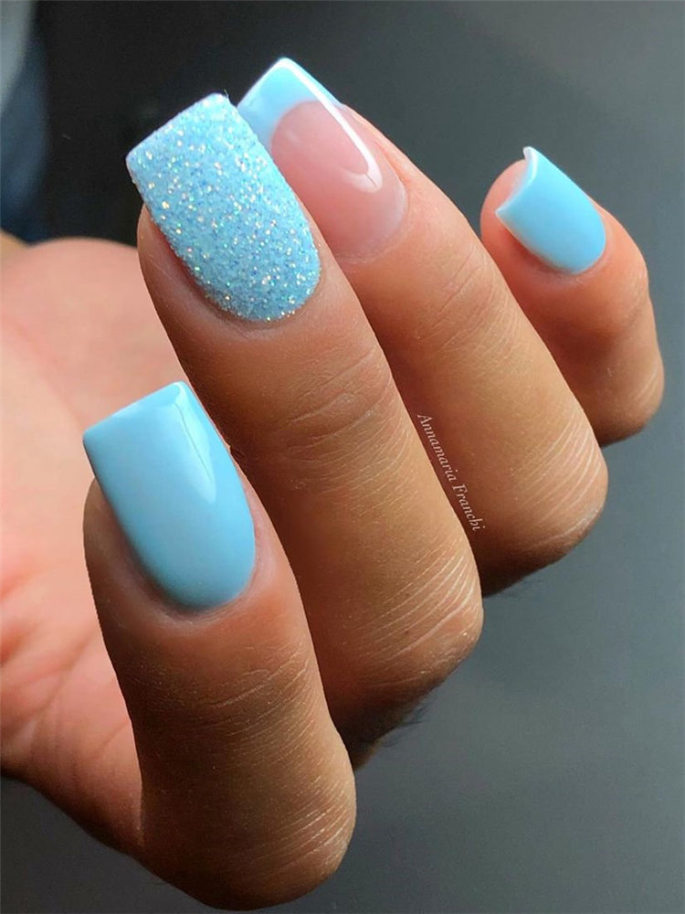 Glitter Gel Nails Pale-Blue and White | Pics Nails