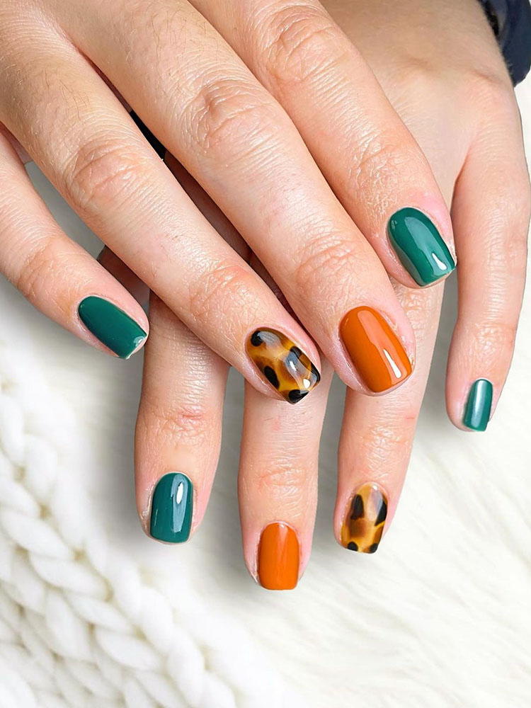 Orange, Green and Tortoise Shell Nails