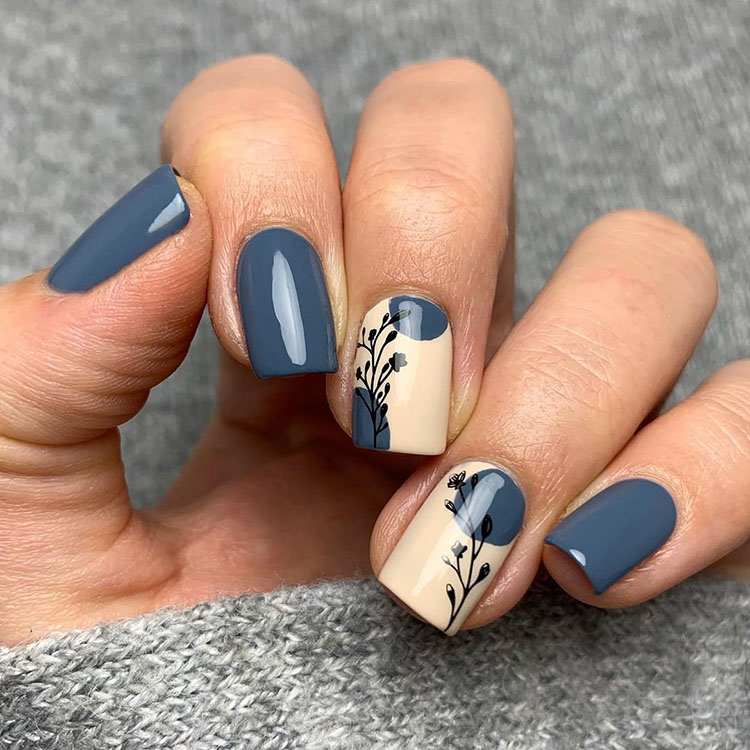 Blue-grey and Leaf Nails for Autumn