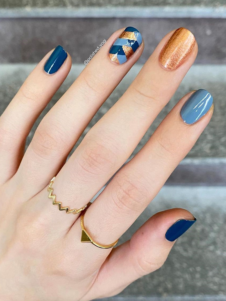 Blue and Gold Braided Nails Design Idea