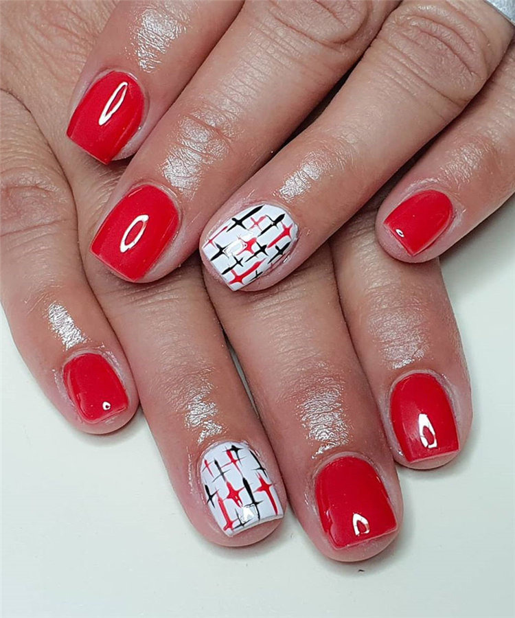 Red and White Short Coffin Shaped Nails
