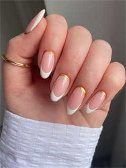 French Nail with Gold Chrome Details