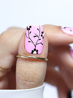 Pink Nails with Black Flower