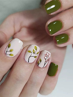 Olive Color Nails and Leaf Nail Art