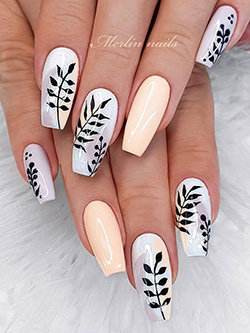 Long Coffin Nails with Black Leaf