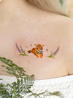 Cute Tiger and Lavender Tattoo for Girls